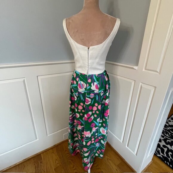 Vintage 1960's Linen Pink & Green Linen Floral High Waist Maxi Dress Vibrant - Picture 7 of 11